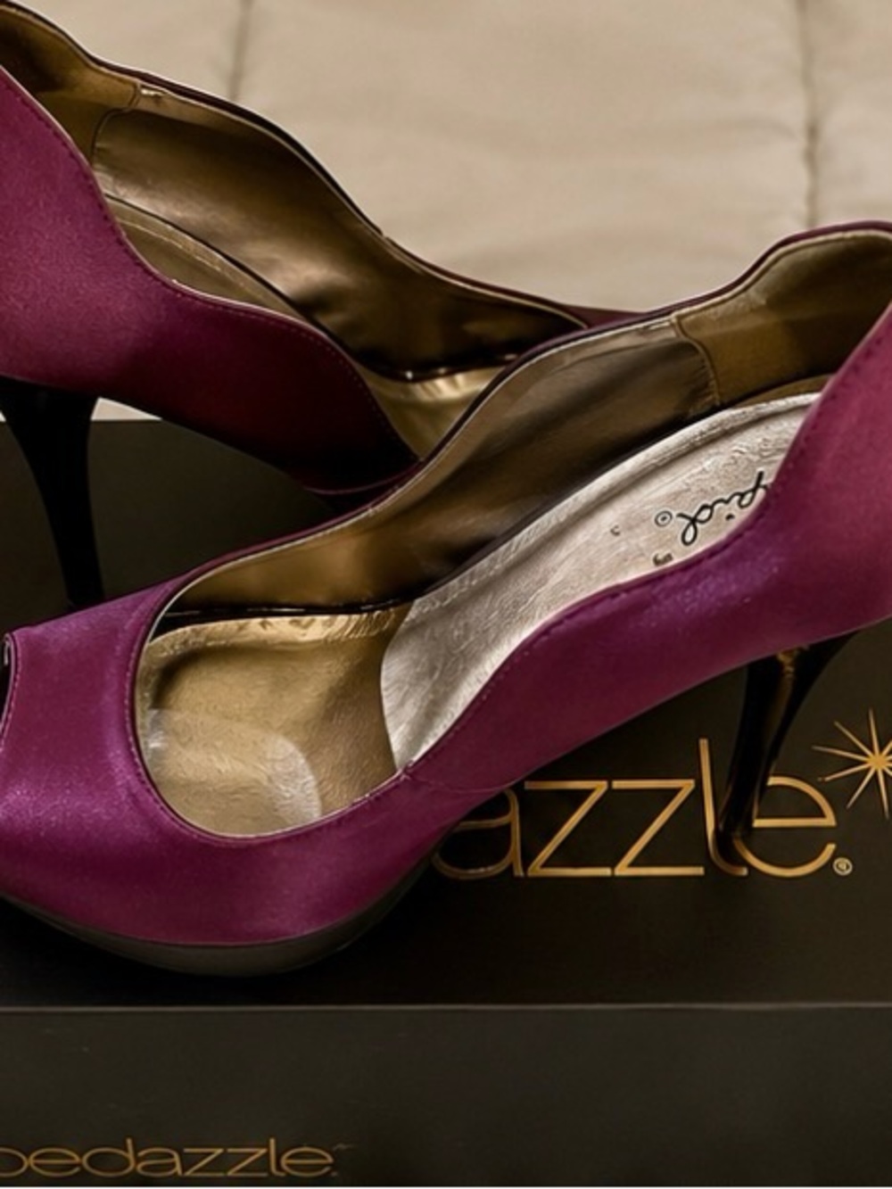 bebe Plum Satin Peep-Toe Stiletto Pumps